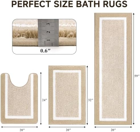 Pauwer Bathroom Rug Sets 3 Piece, Non Slip Washable Bath Ma, Beige
