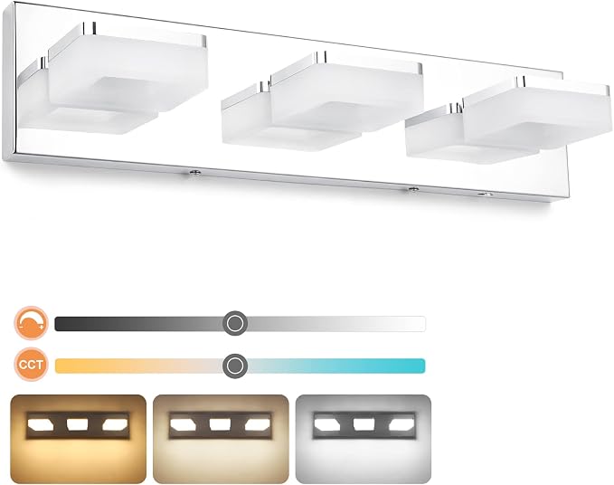 GOODATE 3 Colors Dimmable Bathroom Light Fixtures Over Mirror, LED Chrome Vanity Lights, Acrylic Stainless Steel 3 Light Bathroom Vanity Light, Adjustable 3000K/4000K/6000K, 360° Rotate
