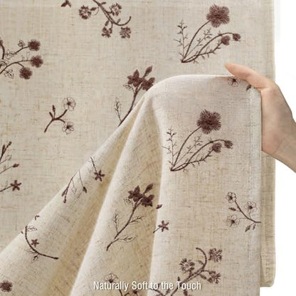 Brown Floral Vintage Linen Shower Curtain Embroidered Textured 72Wx72H