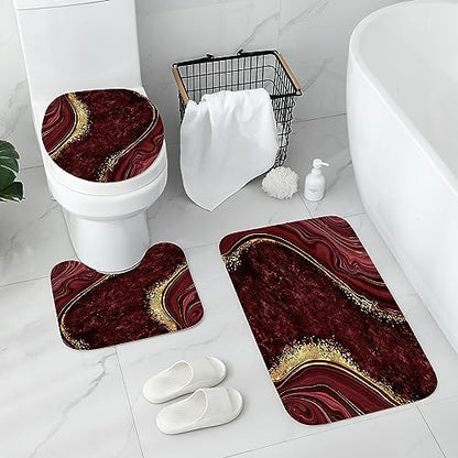Gibelle 4 Pcs Luxury Marble Shower Curtain Set with Non-Slip Rugs, Toilet Lid Cover and Bath Mat, Gold Foil Red Bathroom Decor Set with Shower Curtain and Rugs and Accessories