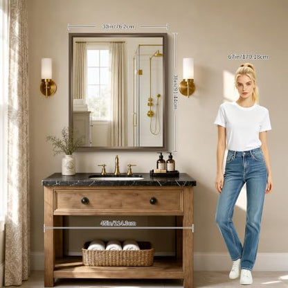 Bathroom Mirror, 30 x 36 inch Walnut Wood Grain Colored Aluminum Metal Frame Bathroom Vanity Mirror, Rectangle Wall Mirror for Bedroom Living Room, Tempered Glass, Horizontal or Vertical