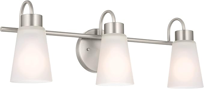 Kichler Erma 3-Light Bathroom Vanity Light Fixture with Clear Satin Etched Glass, Updated Traditional Wall Light in Brushed Nickel, (23" x 8.5")