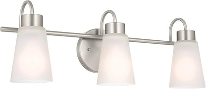 Kichler Erma 3-Light Bathroom Vanity Light Fixture with Clear Satin Etched Glass, Updated Traditional Wall Light in Brushed Nickel, (23" x 8.5")