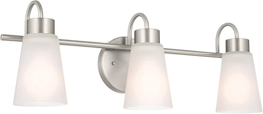 Kichler Erma 3-Light Bathroom Vanity Light Fixture with Clear Satin Etched Glass, Updated Traditional Wall Light in Brushed Nickel, (23" x 8.5")