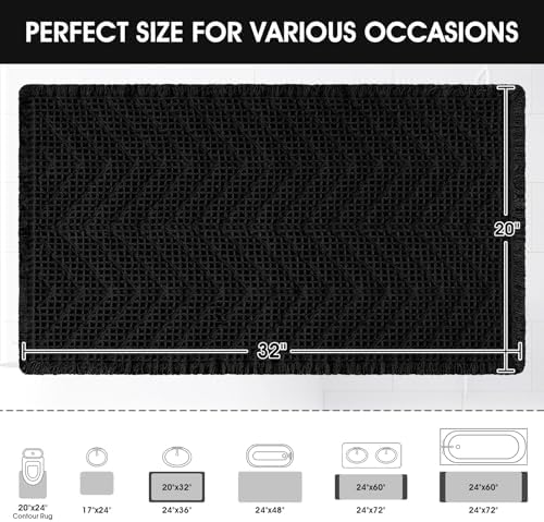 Upgraded Waffle Bath Mat, 32"x20" Black-Herringbone, Super Absorbent Non-Slip Quick Dry Bathroom Rugs with Tassels, Machine Washable Ultra Soft Boho Bath Rugs, Toilet Mats Boho Farmhouse Decor