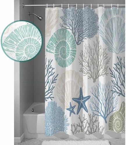 Shower Curtain Bathroom Set Blue Ocean Shells Coral Waterproof Shower Curtains with Grommets Hooks Conch Starfish Marine Life Privacy Bath Curtain for Bathtub Decor 72x78in