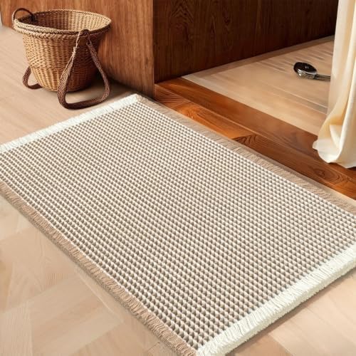 IM HOME Waffle Bath Mat Brown & Cream 32"x20", Boho Woven Modern Bath Mat Rugs, Absorbent Non Slip Bathroom Rugs, Soft Washable Bath Rugs with Tassels for Bedroom, Kitchen, Shower, Tub