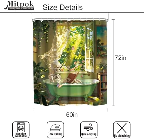Skull Skeleton Gothic Spooky Green Botany Bathroom Shower Curtain Set