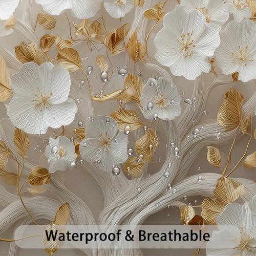 Moonslim White Gold Floral Tree Shower Curtain, Modern Aesthetic Elegant Bathroom Decor Waterproof Polyester Fabric Bath Curtain with Hooks 72x72 Inch