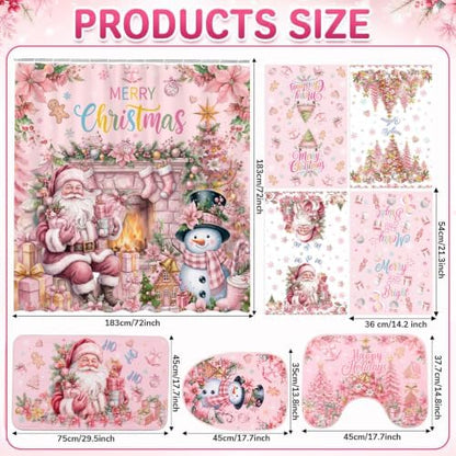 FuWeave 8 Pcs Pink Santa Christmas Shower Curtain Set for Bathroom with Xmas Snowman Shower Curtain Towels Non Slip Rugs Toilet Lid Cover Bath Mat and 12 Hooks for Christmas Bathroom Decor