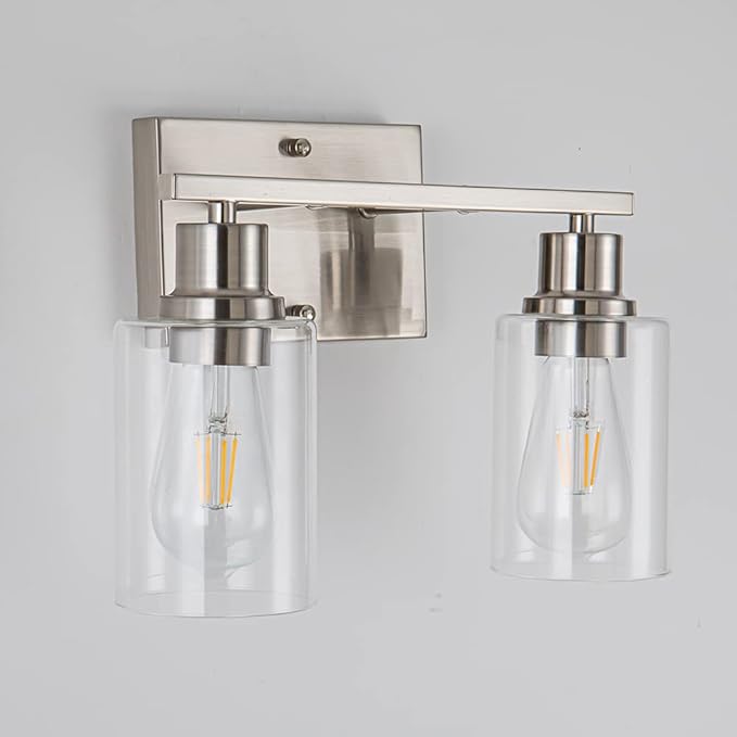 EMONG Brushed Nickel Bathroom Light Fixtures, 2-Light Vanity Light with Clear Glass Shade, Wall sconces for Hallway, Farmhouse,Bedroom Room,Kitchen