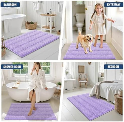 Grandaily Chenille Striped Bathroom Rugs 36x24, Extra Thick and Soft Absorbent Bath Mats, Rubber Backing, Plush Shaggy Shower Carpet, Machine Wash Dry, Bath Rug for Bathroom, Light Purple