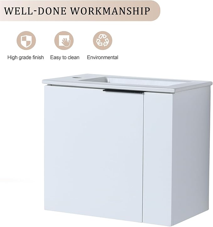 Wall Mount 22 Inch Bathroom Vanity W/Sink Combo for Small Space, Modern Design Vanity Cabinet Gel Basin Countertop, Float Mounting Design Cabinet Set with Soft Close Doors, White (without Faucet)