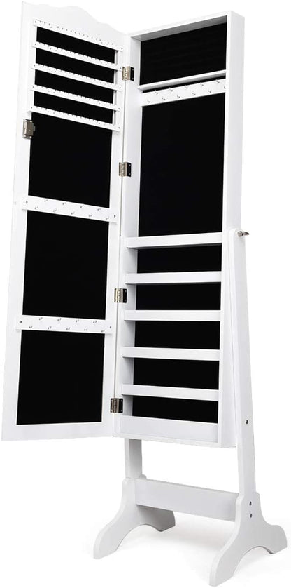 Giantex Jewelry Cabinet Armoire Lockable with Mirror, Standing Full Length Mirror with Jewelry Cabinet, 3 Adjustable Angles, Jewelry Organizer Storage Box Birthday Christmas Gifts (White)