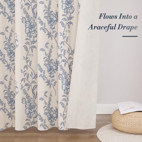 Blue Linen Farmhouse Shower Curtain, Boho Floral Bathroom 72x84