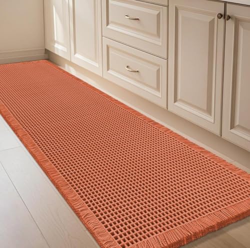 IM HOME Waffle Runner Rug Burnt Orange 6'x2'(72" x 24"), Boho Woven Modern Bath Mat, Absorbent Non Slip Bathroom Rugs, Soft Washable Rugs with Tassels for Bedroom, Kitchen, Shower, Tub
