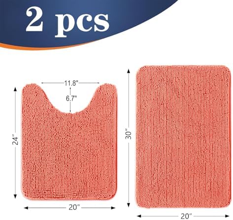 OLANLY Chenille Bathroom Rugs Mats Sets 2 Piece, 30"x20"+24"x20", Coral