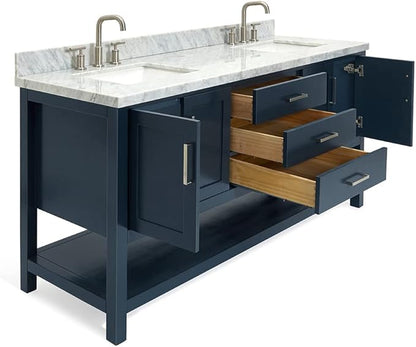 ARIEL Magnolia 72-inch Bathroom Vanity with Sink,Solid Wood, 1.5-inch Italian Carrara Marble Countertop, Double Rectangular Porcelain Sink, 4 Soft Closing Doors, 3 Dovetail Drawers, Midnight Blue