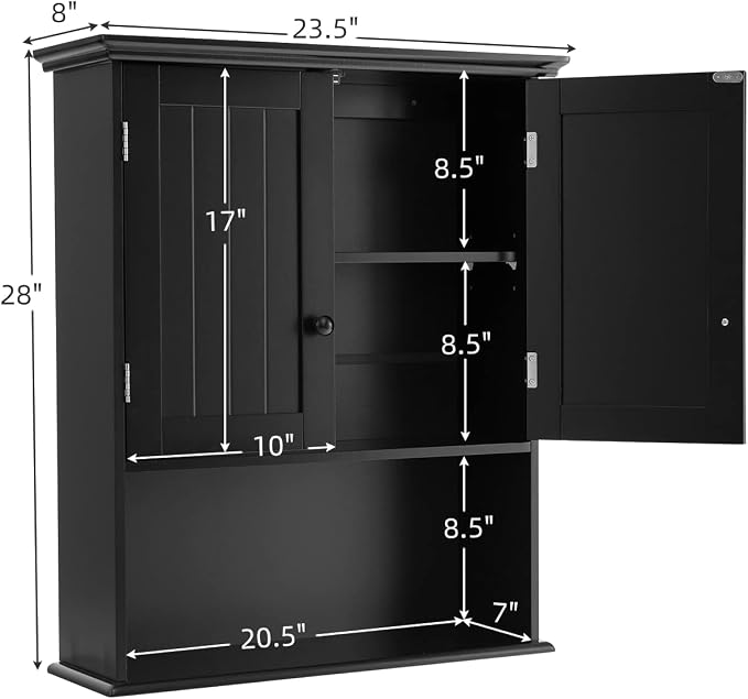 COSTWAY Wall Mounted Bathroom Cabinet, Over The Toilet Storage Cabinet w/Double Doors & Adjustable Shelf, Wood Hanging Medicine Cabinet for Living Room, Entryway, Kitchen (Black) | Double Doors & Adjustable Shelf, Wood Hanging Medicine Cabinet for Livi...