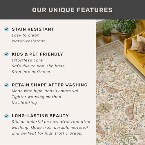 Hazo Haus Beige Washable 7x10 Kitchen Table Area Rug - Western Nature Rugs for Living Room, Bedroom, Playroom, Guest Room with Boho Neutral Botanical & Bird Pattern, Non Slip Stain Resistant Low Pile
