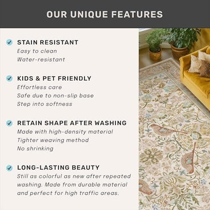Washable Area Rugs 6x8 for Living Room - Western Nature Rugs for Bedroom, Dining Room, Playroom, Guest Room with Boho Beige Neutral Botanical & Bird Pattern, Non Slip Stain Resistant Low Pile
