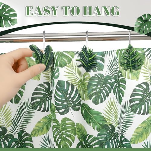 Amyhill 12 Pcs Tropical Leaf Decorative Shower Curtain Hooks Cute Green Monstera Deliciosa Leaves Curtain Rings Hanger Stainless Steel Resin Tropical Botanical Themed Hooks for Home Bathroom Decor