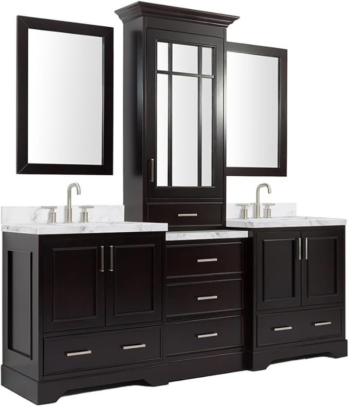 ARIEL Stafford 84-inch Bathroom Vanity with Sink,Solid Wood, 1.5-inch Italian Carrara Marble Countertop, Double Rectangular Porcelain Sink, 5 Soft Closing Doors, 6 Dovetail Drawers, Espresso