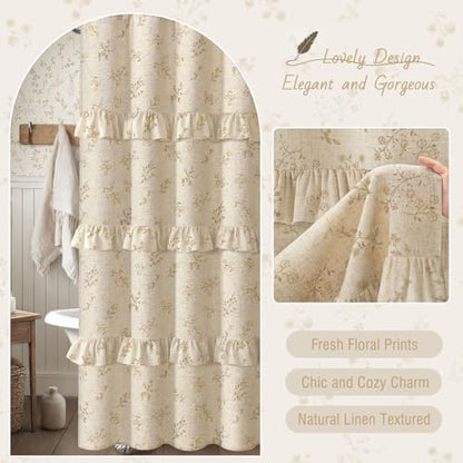 Beige Floral Farmhouse French Country Ruffle Linen Shower Curtain 72Wx72H