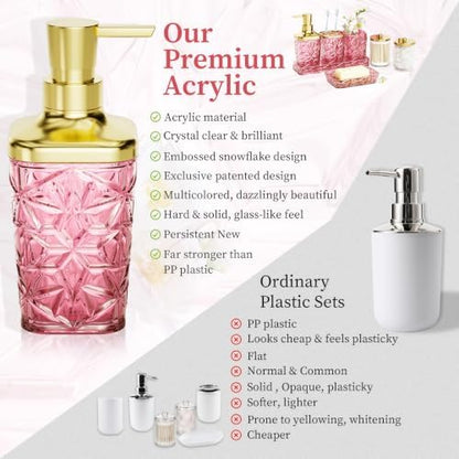 Pink Bathroom Accessories 7 Pcs, Pink Bathroom Set, Acrylic Soap Dispenser and Toothbrush Holder Set, Qtip Holder Set, Bathroom Sink Set, Gift for Home Apartment