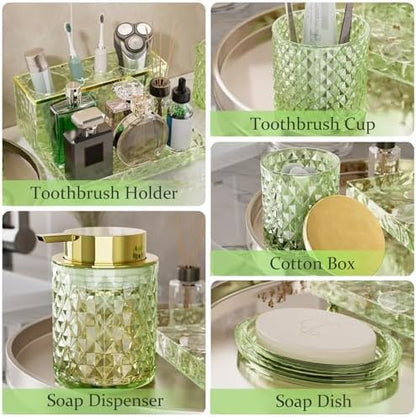 Green Bathroom Accessories Set 5Pcs Crystal Glass, Foaming Soap Dispenser with Rust Pump, Soap Dish, Cup, Acrylic Toothbrush Holder with Tray Organizer, Cotton Swab Jar, Bathroom Counter Decor