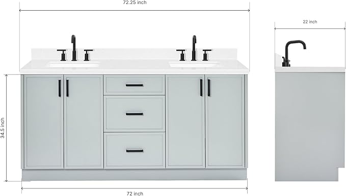 ARIEL Kelly 72-inch Bathroom Vanity with Sink,Solid Wood, 1.5-inch Carrara White Quartz Countertop & Backsplash, Double Rectangular Porcelain Sink, 4 Soft Closing Doors, 5 Dovetail Drawers, Grey