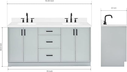 ARIEL Kelly 72-inch Bathroom Vanity with Sink,Solid Wood, 1.5-inch Carrara White Quartz Countertop & Backsplash, Double Rectangular Porcelain Sink, 4 Soft Closing Doors, 5 Dovetail Drawers, Grey