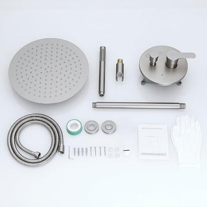 Brushed Nickel Ceiling Mount Round Rain Shower System with 16 Inch Shower Head and Handheld Bathroom Shower Set Contain Shower Faucet Trim Kit (Mixer Valve Included)