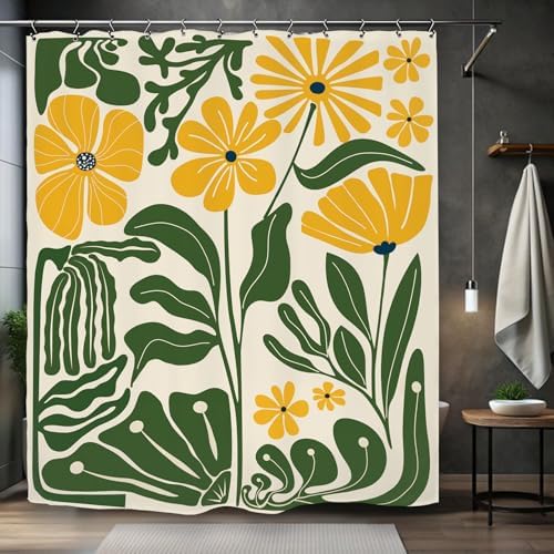 Yellow Green Matisse Flower Shower Curtain 60Wx72L Inch Abstract Retro Aesthetic Minimalist Vintage Art 70s Trendy Modern Bathroom Set Accessories Decor with 12 Pack Hooks