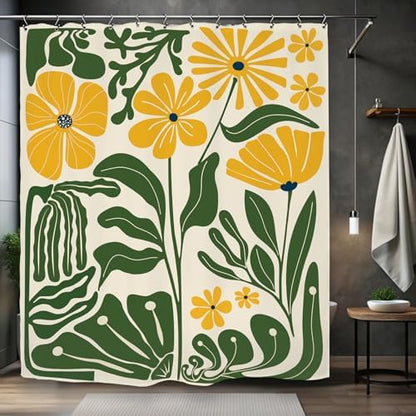 Yellow Green Matisse Flower Shower Curtain 60Wx72L Inch Abstract Retro Aesthetic Minimalist Vintage Art 70s Trendy Modern Bathroom Set Accessories Decor with 12 Pack Hooks