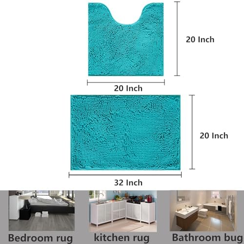 Bathroom Rugs Chenille, Extra Thick and Absorbent, Non-Slip, Machine Washable, Dry Quckily, Soft Cozy Plush, Used Under Shower Bathtub and Sink, Bath Mat Sets Turquoise