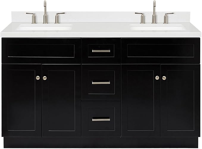 ARIEL Hamlet 60-inch Bathroom Vanity with Sink,Solid Wood, 1.5-inch Carrara White Quartz Countertop & Backsplash, Double Rectangular Porcelain Sink, 4 Soft Closing Doors, 3 Dovetail Drawers, Black