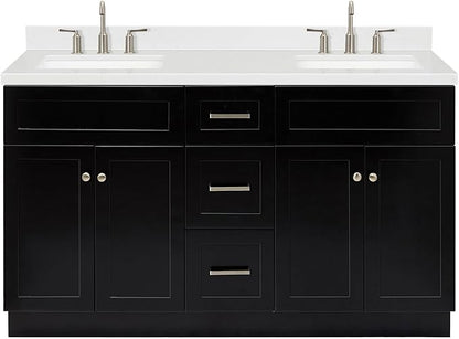 ARIEL Hamlet 60-inch Bathroom Vanity with Sink,Solid Wood, 1.5-inch Carrara White Quartz Countertop & Backsplash, Double Rectangular Porcelain Sink, 4 Soft Closing Doors, 3 Dovetail Drawers, Black