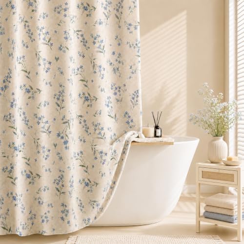 Leowefowa Vintage Farmhouse Blue Floral Shower Curtain, Linen Texture Fabric Bathroom Curtain, Rustic Wildflower Botanical Bath Decor, Waterproof Polyester Linen Blend, 72 x 72 Inch