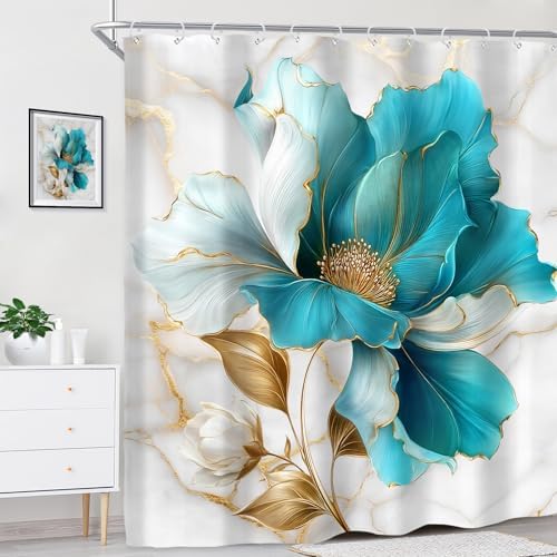 Teal Gold Marble Floral Extra Long Abstract Art Bathroom Shower Curtain Set