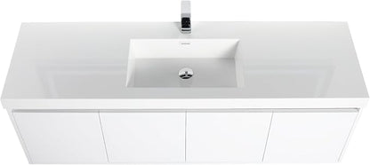 Blossom 60 Inch Floating Bathroom Vanity, Modern Single Sink Vanity with Marine-Grade Plywood, Zero-VOC Glossy White Wall Mounted Cabinet, Pre-Assembled for Easy Plumbing Install