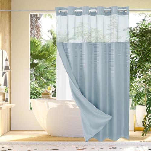 Gibelle No Hook Cloth Fog Blue Shower Curtain with Liner, 72x86