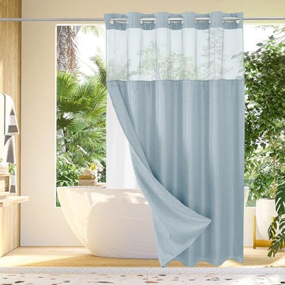 Gibelle No Hook Cloth Fog Blue Shower Curtain with Liner, 72x86