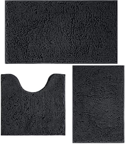3 Piece Bathroom Rugs Set, Non-Slip Bath Mats with PVC Backing, Super Absorbent Washable Plush Carpet, Soft Shag Rug for Bathroom Bedroom Kitchen Home Decor (Dark Grey)