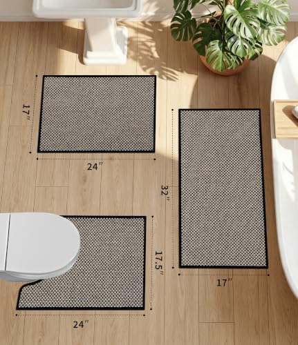 YIHOUSE Black Bathroom Rugs Sets 3 Pieces,Thin Bath Mat Quick Dry
