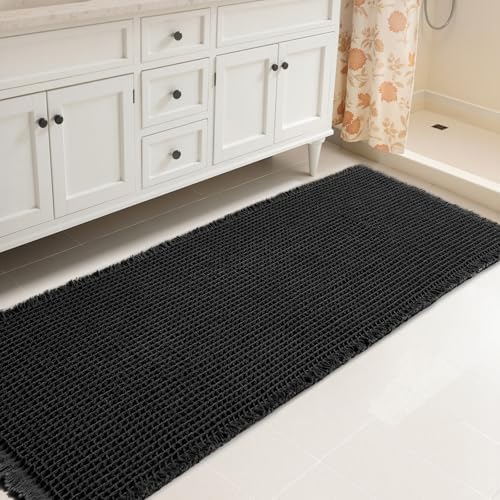 SUBRTEX Waffle Braided Bath Mat, 24" x 60" Soft Waffle Bath Rugs, Absorbent Non Slip Bathrooom Mats, Machine Washable Area Rug for Bathroom, Quick Dry, Black