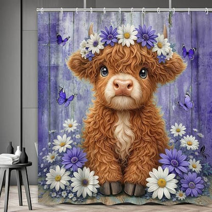 Cute Cow Shower Curtain, Farmhouse Rustic Purple Floral Daisy Highland Cow Shower Curtains for Bathroom, Calf Country Farm Animal Garden Plant Fabric Bathroom Decor with Hooks, 70x75 inch