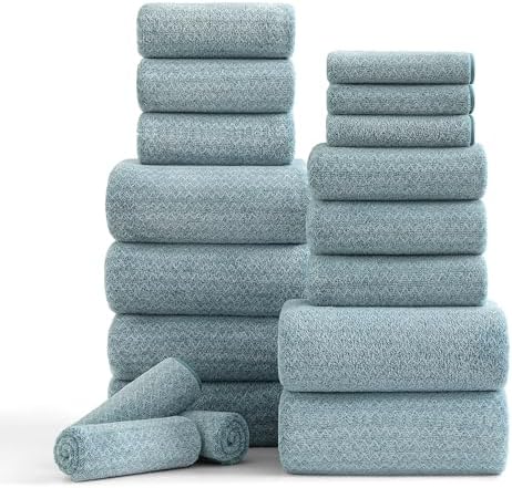 18 Piece Bath Towels Set,100% Microfiber Family Bathroom Towel with Hanging Loops-6 Bath Towels,6 Hand Towels,6 Washcloths,Quick Dry Highly Absorbent Shower Towel for Bathroom,Hotel,Spa-Turquoise