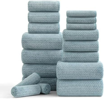 18 Piece Bath Towels Set,100% Microfiber Family Bathroom Towel with Hanging Loops-6 Bath Towels,6 Hand Towels,6 Washcloths,Quick Dry Highly Absorbent Shower Towel for Bathroom,Hotel,Spa-Turquoise