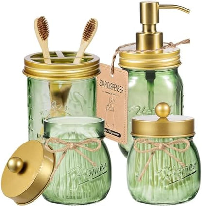 Amolliar Green Glass Bathroom Accessories Set, 4Pcs Mason Jar Bathroom Set